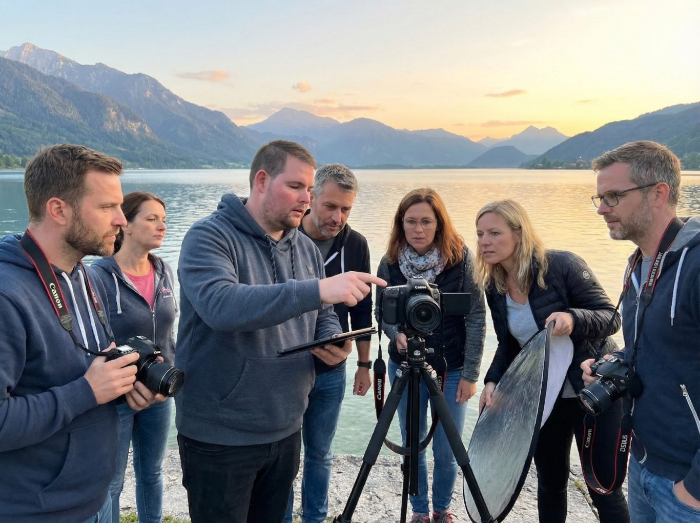 Gruppenerlebnis mit Kamera und Stativ am Ufer eines Sees, bei Sonnenuntergang.